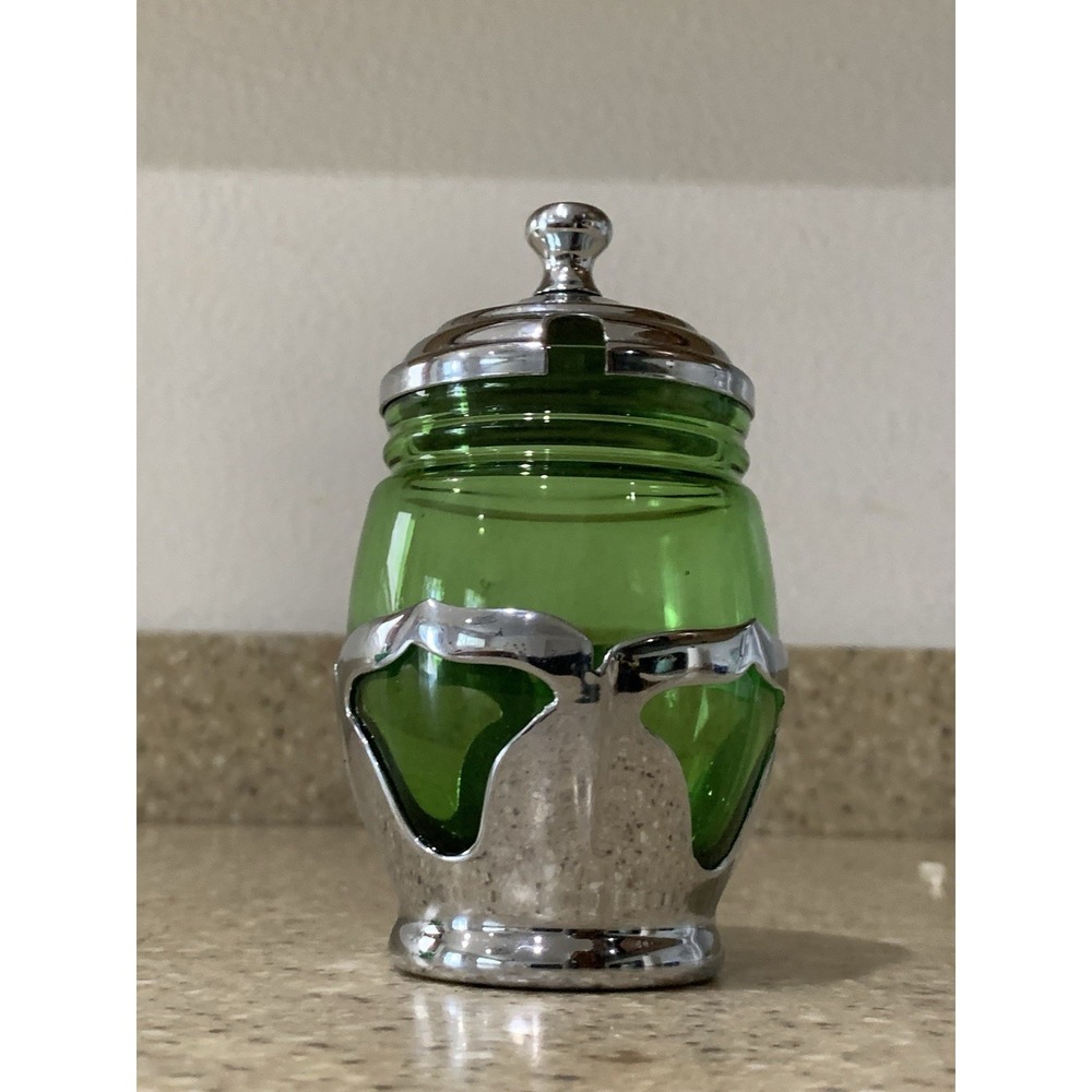 Cambridge FARBER BROS GREEN GLASS Chrome CONDIMENT JAR Vintage 1930s